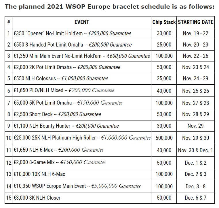 Tournament schedule courtesy of WSOP.com