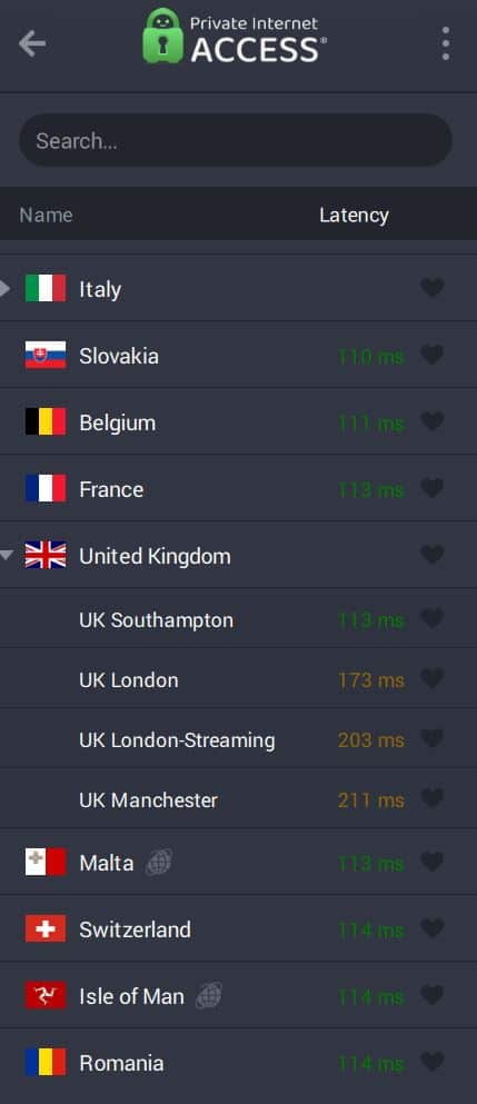 Available countries for VPN server