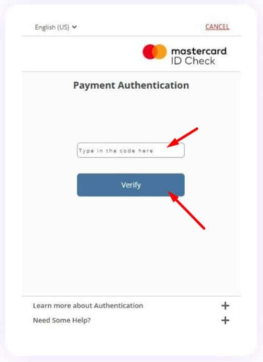 Verification code by the credit card company