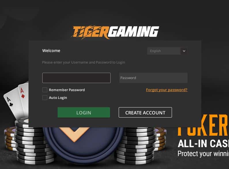 כניסה לתוכנת הפוקר של Tiger Gaming